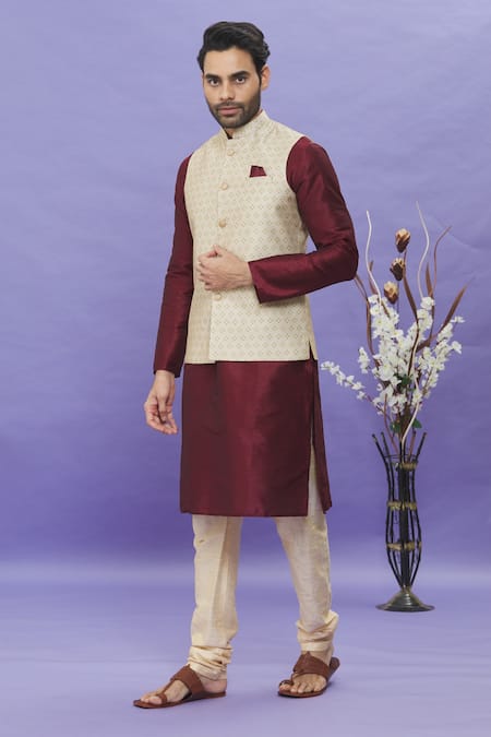 Arihant Rai Sinha_Wine Silk Geometric Printed Bundi Kurta Set _Online_at_Aza_Fashions