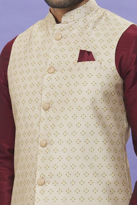 Buy_Arihant Rai Sinha_Wine Silk Geometric Printed Bundi Kurta Set _Online_at_Aza_Fashions