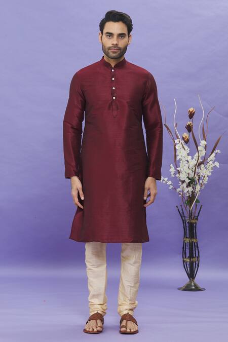 Arihant Rai Sinha_Wine Silk Geometric Printed Bundi Kurta Set _at_Aza_Fashions
