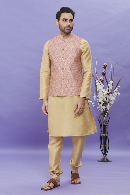 Arihant Rai Sinha_Maroon Silk Geometric Print Bundi _Online_at_Aza_Fashions