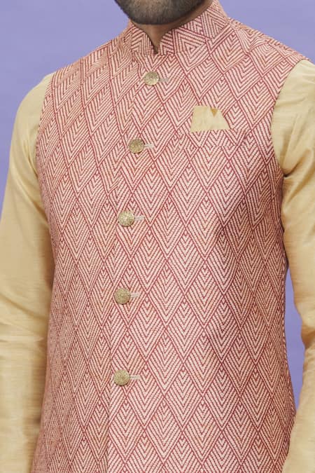 Buy_Arihant Rai Sinha_Maroon Silk Geometric Print Bundi _Online_at_Aza_Fashions