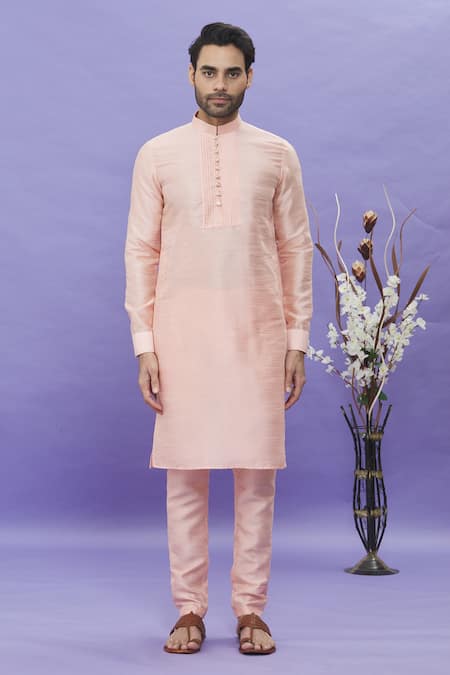 Arihant Rai Sinha Peach Silk Embroidery Geometric Printed Bundi Kurta Set Online at Aza Fashions Arihant Rai Sinha_Peach Silk Embroidery Geometric Printed Bundi Kurta Set _Online_at_Aza_Fashions