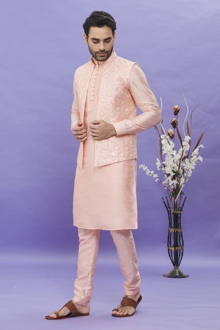 Buy Arihant Rai Sinha Peach Silk Embroidery Geometric Printed Bundi Kurta Set Online at Aza Fashions Buy_Arihant Rai Sinha_Peach Silk Embroidery Geometric Printed Bundi Kurta Set _Online_at_Aza_Fashions
