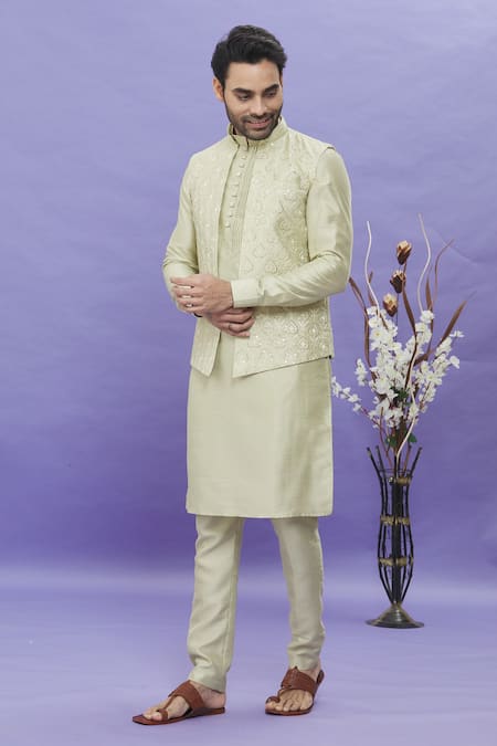 Arihant Rai Sinha_Green Silk Embroidery Geometric Art Banarasi Bundi _Online_at_Aza_Fashions