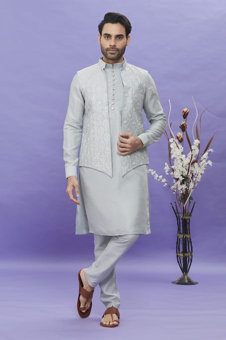 Arihant Rai Sinha_Gray Silk Embroidery Geometric Printed Bundi _Online_at_Aza_Fashions