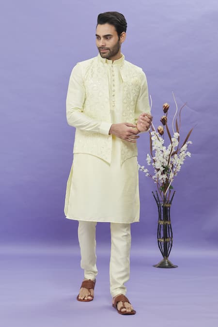 Arihant Rai Sinha_Yellow Silk Embroidery Geometric Printed Bundi _Online_at_Aza_Fashions