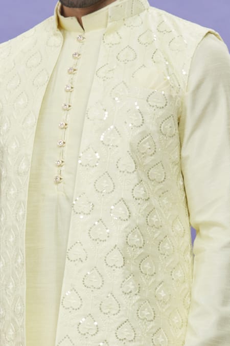 Buy_Arihant Rai Sinha_Yellow Silk Embroidery Geometric Printed Bundi _Online_at_Aza_Fashions