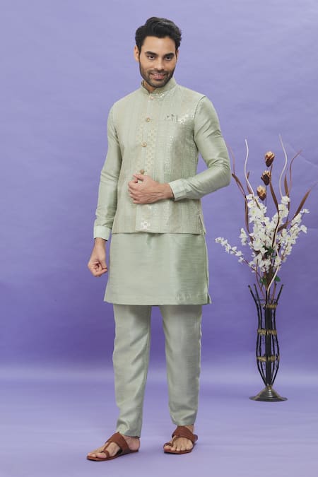Arihant Rai Sinha_Green Silk Embroidery Geometric Print Bundi _Online_at_Aza_Fashions