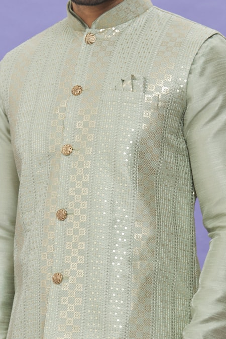 Buy_Arihant Rai Sinha_Green Silk Embroidery Geometric Print Bundi _Online_at_Aza_Fashions