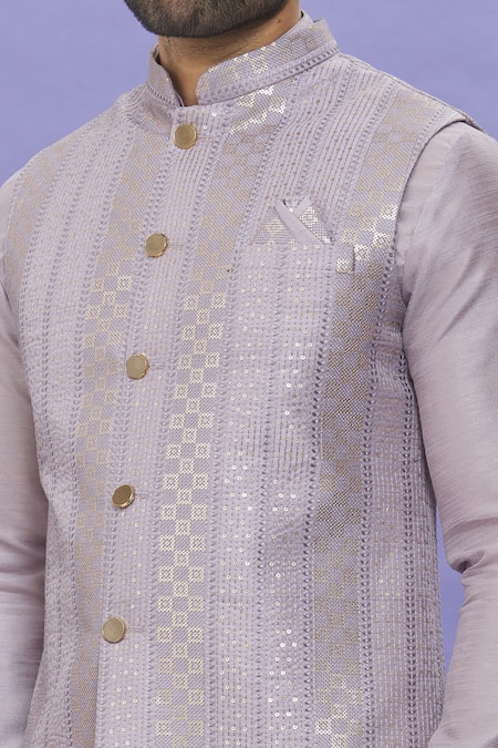 Buy_Arihant Rai Sinha_Purple Silk Embroidery Light Geometric Print Bundi _Online_at_Aza_Fashions
