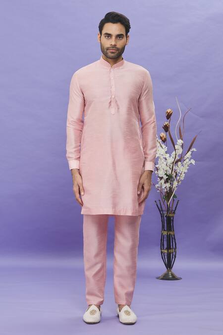 Arihant Rai Sinha_Pink Silk Embroidery Geometric Printed Bundi Kurta Set _Online_at_Aza_Fashions
