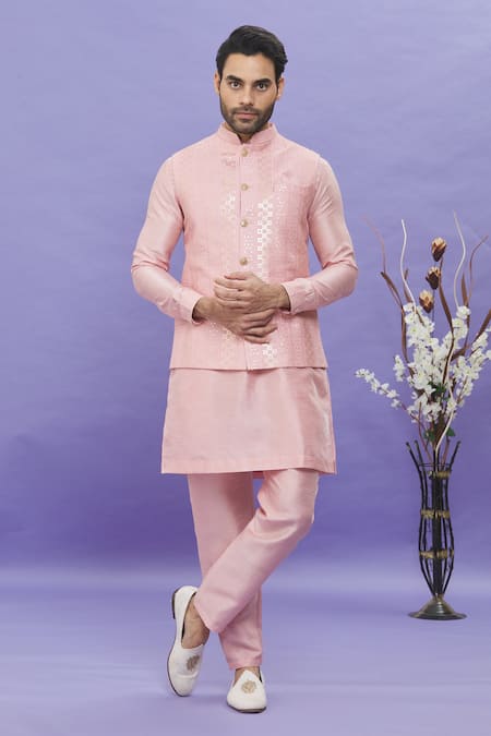 Buy_Arihant Rai Sinha_Pink Silk Embroidery Geometric Printed Bundi Kurta Set _Online_at_Aza_Fashions