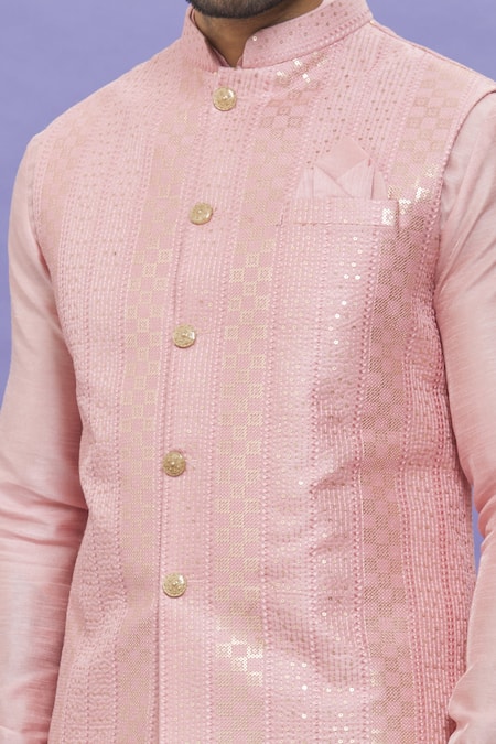 Shop_Arihant Rai Sinha_Pink Silk Embroidery Geometric Printed Bundi Kurta Set _Online_at_Aza_Fashions