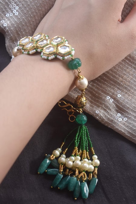 Heer-House Of Jewellery Gold Plated Polki Kashti Tassel Bracelet 