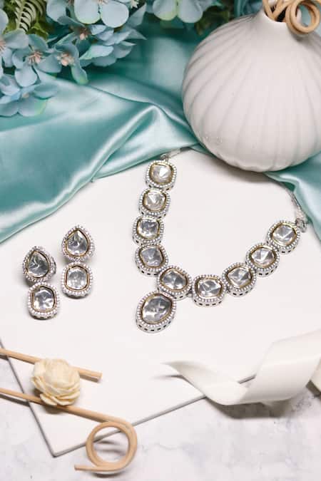 Shop Ishhaara Silver Plated Stones Kundan Embellished Necklace Set at Aza Fashions Shop_Ishhaara_Silver Plated Stones Kundan Embellished Necklace Set _at_Aza_Fashions