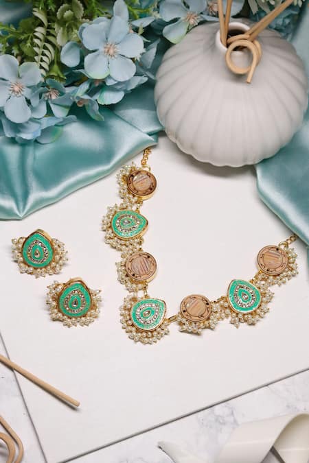 Shop Ishhaara Multi Color Pearls, Stones Geometric Pattern Necklace Set at Aza Fashions Shop_Ishhaara_Multi Color Pearls, Stones Geometric Pattern Necklace Set _at_Aza_Fashions