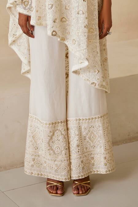 Buy_Twenty Nine_White Georgette Embroidery, Sequins Floral Chikankari Palazzo _Online_at_Aza_Fashions