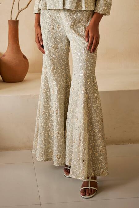 Buy_Twenty Nine_Grey Georgette Embroidery Chikankari Bootcut Pant _Online_at_Aza_Fashions