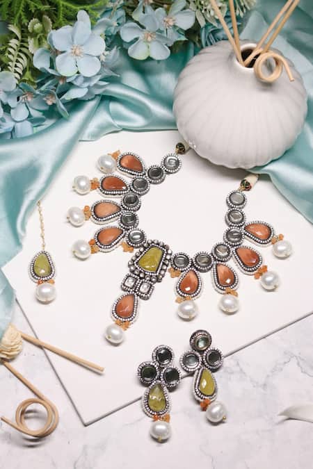 Shop Ishhaara Multi Color Stones Contrast Kundan Embellished Necklace Set With Maangtikka at Aza Fashions Shop_Ishhaara_Multi Color Stones Contrast Kundan Embellished Necklace Set With Maangtikka _at_Aza_Fashions