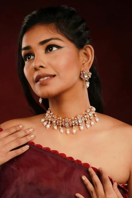 Ishhaara Gold Plated Beads Floral Kundan Stone Embellished Choker Necklace Set