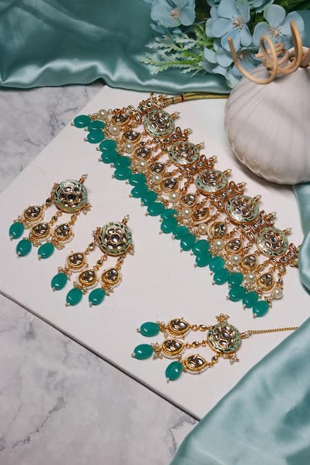 Shop Ishhaara Multi Color Stones Handcrafted Embellished Necklace Set With Maangtikka at Aza Fashions Shop_Ishhaara_Multi Color Stones Handcrafted Embellished Necklace Set With Maangtikka _at_Aza_Fashions