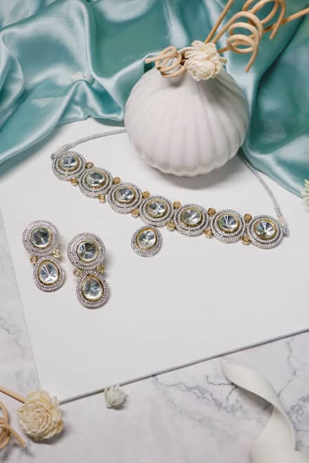 Shop Ishhaara Gold Plated Diamonds, Stones American Embellished Choker Necklace Set at Aza Fashions Shop_Ishhaara_Gold Plated Diamonds, Stones American Embellished Choker Necklace Set _at_Aza_Fashions