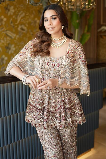 Shop Ridhima Bhasin Beige Net Hand Embroidery Sequin Scoop Zibah Paisley Cape Pant Set Online at Aza Fashions Shop_Ridhima Bhasin_Beige Net Hand Embroidery Sequin Scoop Zibah Paisley Cape Pant Set _Online_at_Aza_Fashions