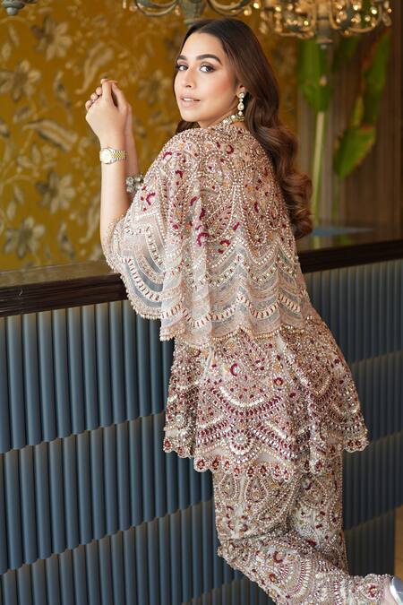 Ridhima Bhasin Beige Net Hand Embroidery Sequin Scoop Zibah Paisley Cape Pant Set at Aza Fashions Ridhima Bhasin_Beige Net Hand Embroidery Sequin Scoop Zibah Paisley Cape Pant Set _at_Aza_Fashions