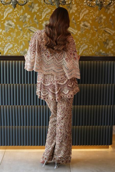 Buy Ridhima Bhasin Beige Net Hand Embroidery Sequin Scoop Zibah Paisley Cape Pant Set Buy_Ridhima Bhasin_Beige Net Hand Embroidery Sequin Scoop Zibah Paisley Cape Pant Set