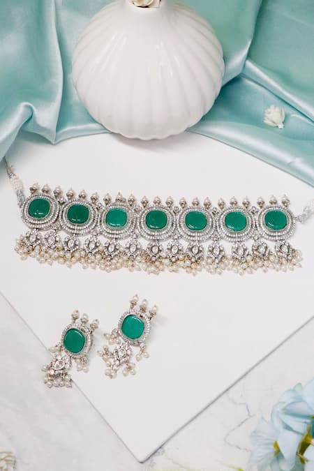 Shop Ishhaara Green Beads Kundan Stone Embellished Choker Set at Aza Fashions Shop_Ishhaara_Green Beads Kundan Stone Embellished Choker Set _at_Aza_Fashions