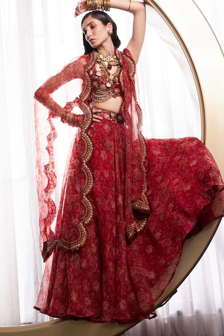 Shop_Ridhima Bhasin_Red Organza Beads, Sequins Round Neck Lavinia Liberty Print Cape Skirt Set _Online_at_Aza_Fashions