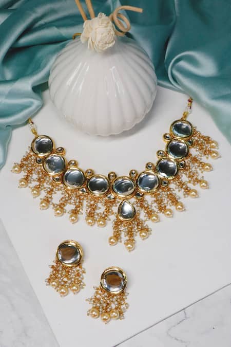 Shop Ishhaara Gold Plated Beads, Diamonds Kundan Stone Embellished Necklace Set at Aza Fashions Shop_Ishhaara_Gold Plated Beads, Diamonds Kundan Stone Embellished Necklace Set _at_Aza_Fashions