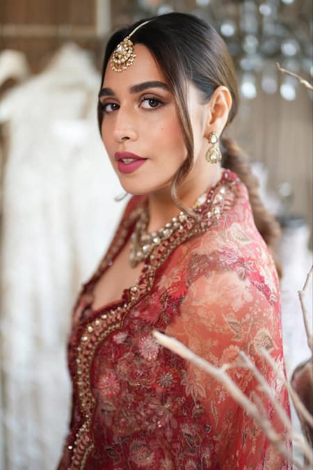 Ridhima Bhasin_Red Organza Beads, Sequins Round Neck Lavinia Liberty Print Cape Skirt Set _at_Aza_Fashions