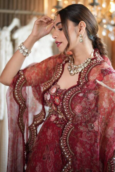 Buy_Ridhima Bhasin_Red Organza Beads, Sequins Round Neck Lavinia Liberty Print Cape Skirt Set 