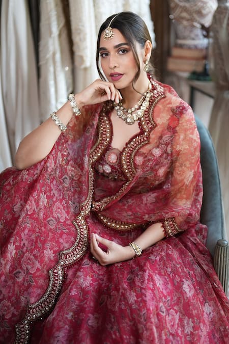 Shop_Ridhima Bhasin_Red Organza Beads, Sequins Round Neck Lavinia Liberty Print Cape Skirt Set 