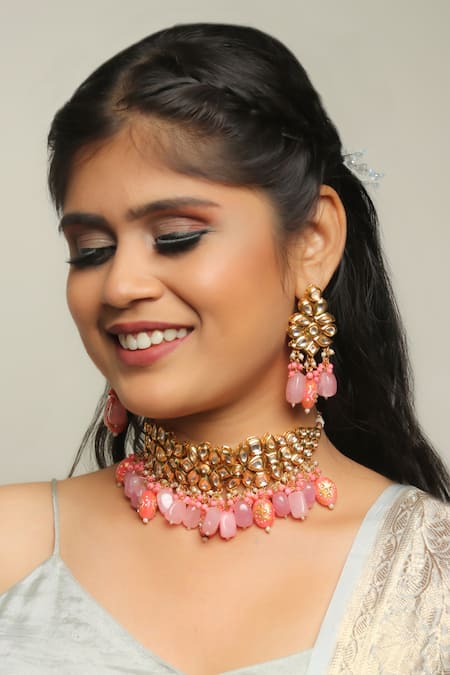 Ishhaara Pink Beads, Stones Abstract Embellished Choker Necklace Set