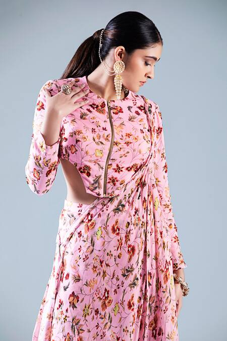 Krisha Sunny Ramani Pink Georgette Sequins, Cut Work Round Neck Botanical  Print Gharara Set