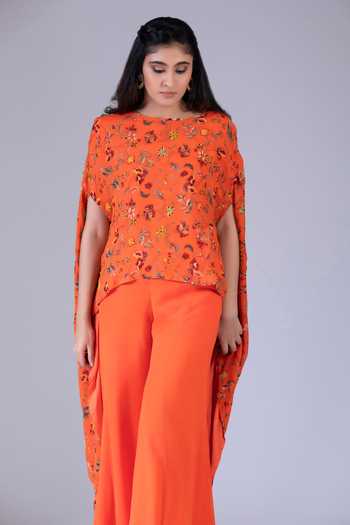 Krisha Sunny Ramani Orange Georgette Embroidery, Beads, Floral Print Jacket And Flared Sharara Set Online at Aza Fashions Krisha Sunny Ramani_Orange Georgette Embroidery, Beads, Floral Print Jacket And Flared Sharara Set _Online_at_Aza_Fashions