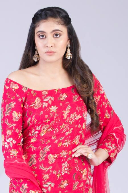 Krisha Sunny Ramani_Fuchsia Georgette, Net Sequins, Cut Work, Botanical Print Kurta Sharara Set _Online_at_Aza_Fashions