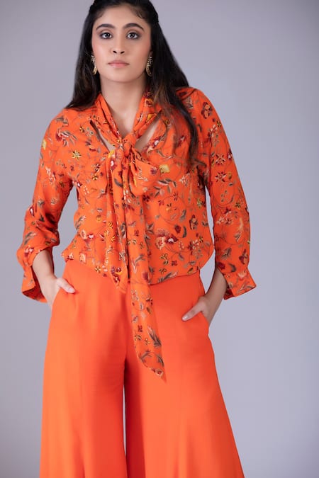 Shop Krisha Sunny Ramani Orange Georgette Beads, Sequins Collared Floral Print Tie-up Shirt at Aza Fashions Shop_Krisha Sunny Ramani_Orange Georgette Beads, Sequins Collared Floral Print Tie-up Shirt _at_Aza_Fashions