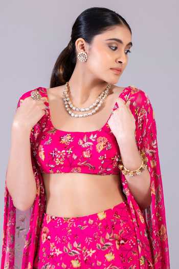 Buy Krisha Sunny Ramani Fuchsia Georgette Embroidery Round Neck Floral Print Cape Sharara Set Online at Aza Fashions Buy_Krisha Sunny Ramani_Fuchsia Georgette Embroidery Round Neck Floral Print Cape Sharara Set _Online_at_Aza_Fashions