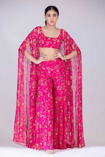 Krisha Sunny Ramani Fuchsia Georgette Embroidery Round Neck Floral Print Cape Sharara Set Online at Aza Fashions Krisha Sunny Ramani_Fuchsia Georgette Embroidery Round Neck Floral Print Cape Sharara Set _Online_at_Aza_Fashions