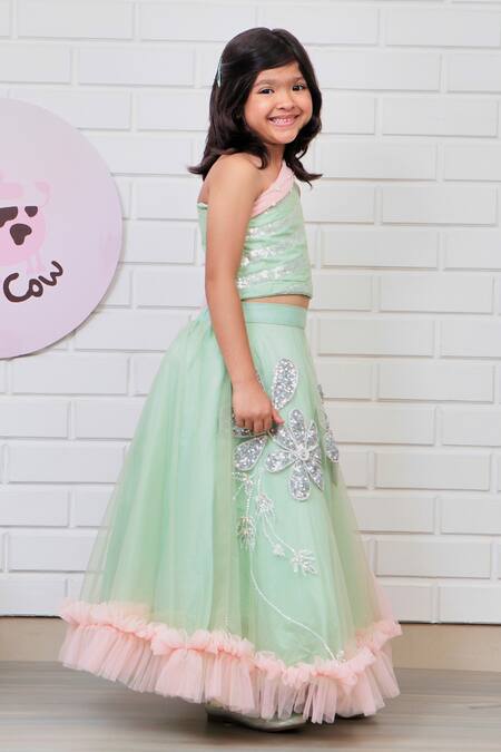 Shop_Pinkcow designs pvt ltd_Green Silk, Net Pearls, Sequins 3d Floral Lehenga With Blouse _Online_at_Aza_Fashions