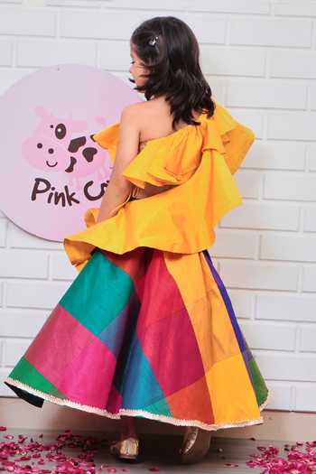 Shop Pinkcow designs pvt ltd Yellow Taffeta, Cotton Lace Checkered Lehenga And Ruffled Blouse Set at Aza Fashions Shop_Pinkcow designs pvt ltd_Yellow Taffeta, Cotton Lace Checkered Lehenga And Ruffled Blouse Set _at_Aza_Fashions