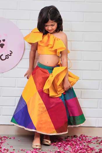 Pinkcow designs pvt ltd Yellow Taffeta, Cotton Lace Checkered Lehenga And Ruffled Blouse Set Online at Aza Fashions Pinkcow designs pvt ltd_Yellow Taffeta, Cotton Lace Checkered Lehenga And Ruffled Blouse Set _Online_at_Aza_Fashions