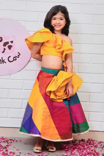 Shop Pinkcow designs pvt ltd Yellow Taffeta, Cotton Lace Checkered Lehenga And Ruffled Blouse Set Online at Aza Fashions Shop_Pinkcow designs pvt ltd_Yellow Taffeta, Cotton Lace Checkered Lehenga And Ruffled Blouse Set _Online_at_Aza_Fashions