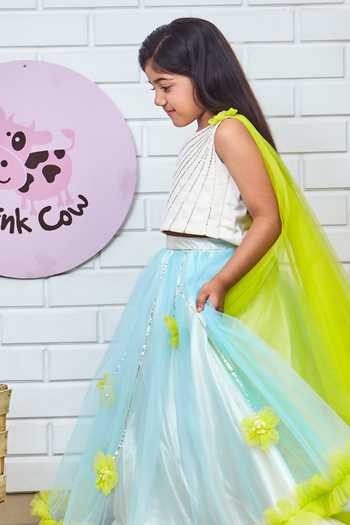 Shop Pinkcow designs pvt ltd Blue Net, Taffeta, Cotton Fabric Flowers, Sequins, 3d Bloom Lehenga With Blouse Online at Aza Fashions Shop_Pinkcow designs pvt ltd_Blue Net, Taffeta, Cotton Fabric Flowers, Sequins, 3d Bloom Lehenga With Blouse _Online_at_Aza_Fashions