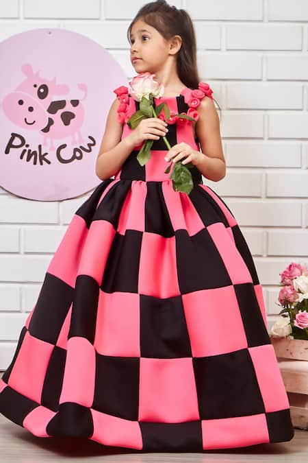 Buy_Pinkcow designs pvt ltd_Pink Crepe, Neoprene Fabric Flowers Cinderella Checkered Poofy Gown _Online_at_Aza_Fashions