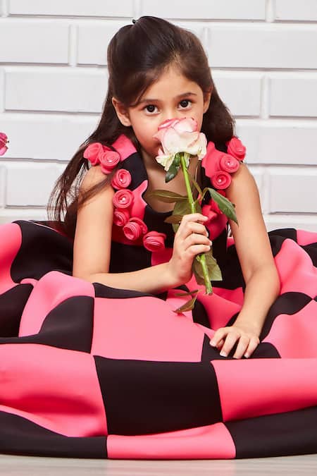 Shop_Pinkcow designs pvt ltd_Pink Crepe, Neoprene Fabric Flowers Cinderella Checkered Poofy Gown _Online_at_Aza_Fashions
