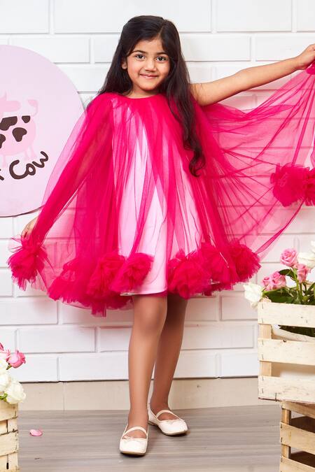 Shop_Pinkcow designs pvt ltd_Pink Tulle, Neoprene, Crepe Layered Lined Dress _Online_at_Aza_Fashions